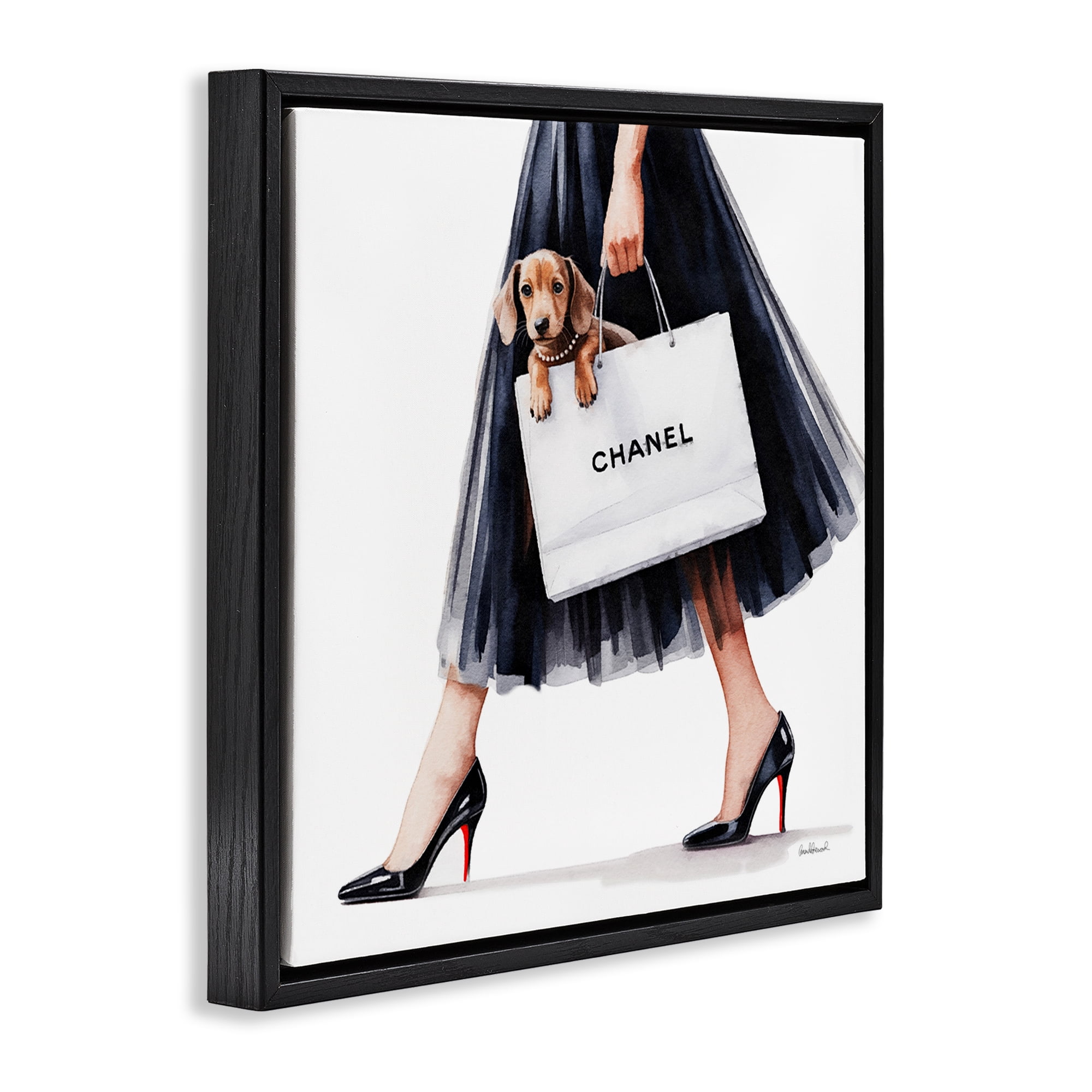 Stupell Industries Elegant Dog & Shopping Bag Black Framed Floater Canvas Wall Art, design by Amanda Greenwood