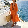 thumbnail image 2 of KHONTS Women's 3/4 Sleeve Summer Maxi Dress Plus Size Casual Linen Flowy Beach V-Neck Dress with Pockets Orange M, 2 of 9
