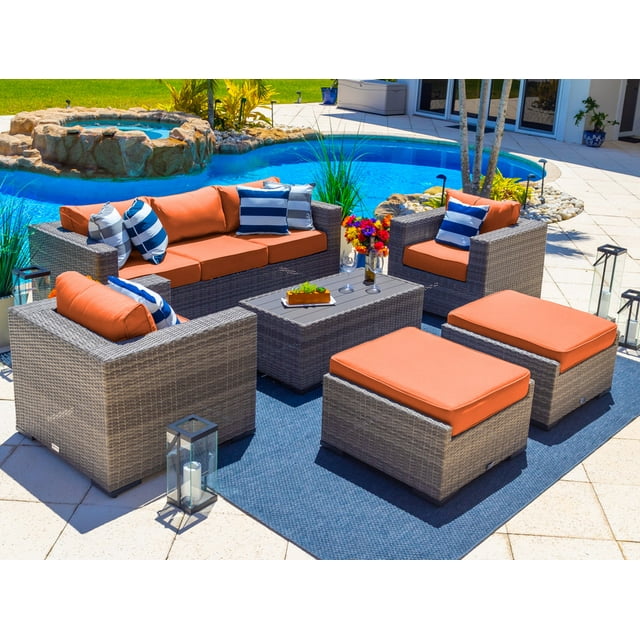 Sorrento 6-Piece L Resin Wicker Outdoor Patio Furniture Lounge Sofa Set in Gray w/ Sofa, Two Armchairs, Two Ottomans, and Coffee Table (Flat-Weave Gray Wicker, Sunbrella Canvas Tuscan)