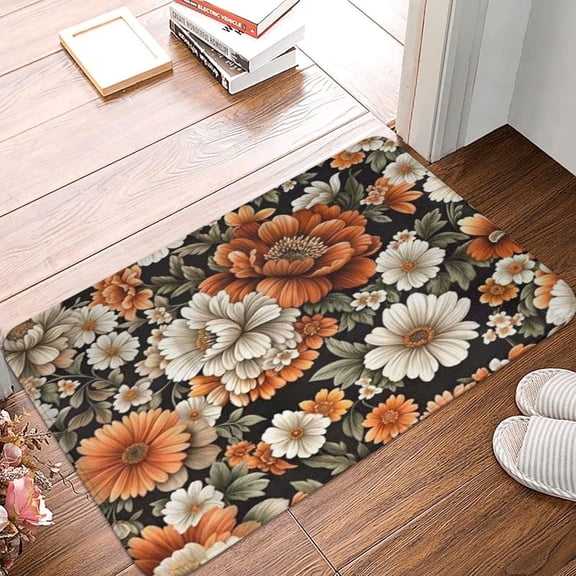 Welcome Doormat Boho Floral Bath Mat Burnt Orange Black Flowers Botanical Farmhouse Unique Memory Foam Bathroom Rug Bath Mat Carpet for Home Entrance Kitchen 16x24 Inch