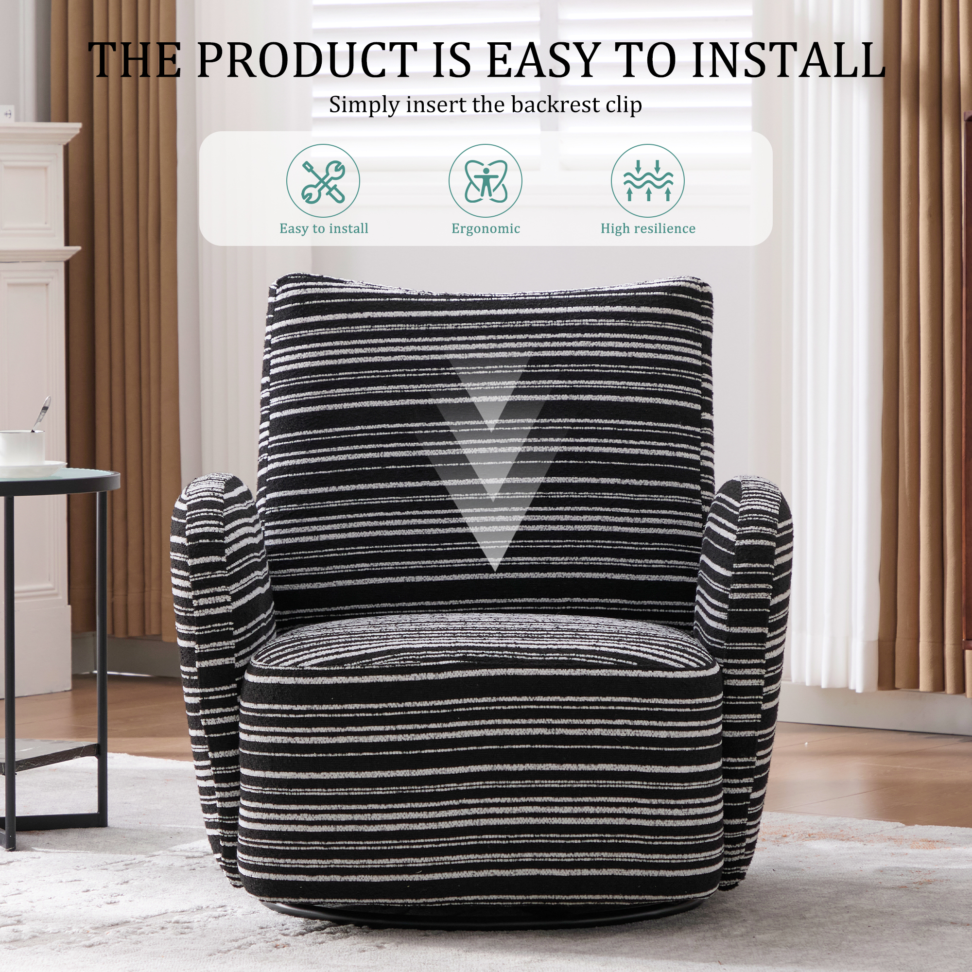 MOONMISS Boucle Upholstered 360°Swivel Fabric Striped Armrest Leisure Chair for Living room-Black