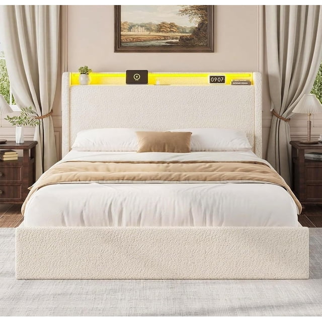 Bingirl Full LED Bed Frame with 4 Storage Drawers and Storage Headboard: Charging Station and USB Ports, Solid Wood Slats Support, No Box Spring Needed (Cream)