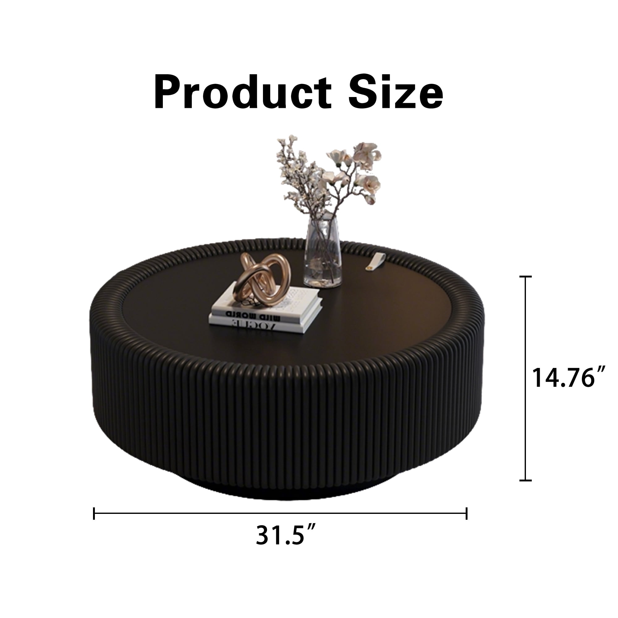 Leumius Round Fluted Coffee Table with Tempered Glass Top, PU Leather Body , Baked Enamel Metal Base & Hidden Storage , Modern Minimalist Accent Table for Living Room Black