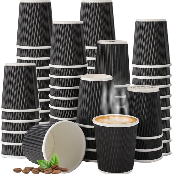 TINSKY 120 Pack 8 oz Disposable Coffee Cups, Insulated Corrugated Black Paper Cups, Kraft Ripple Wall Paper 8 oz Espress