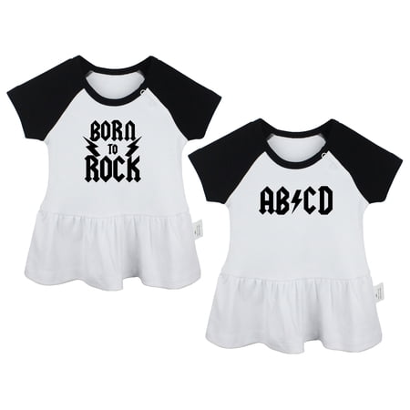 Pack of 2, AB CD & Born To Rock Funny Dresses For Baby, Newborn Babies Skirts, Infant Princess Dress, Toddler Frocks (Black Raglan Dresses, 0-6 Months)