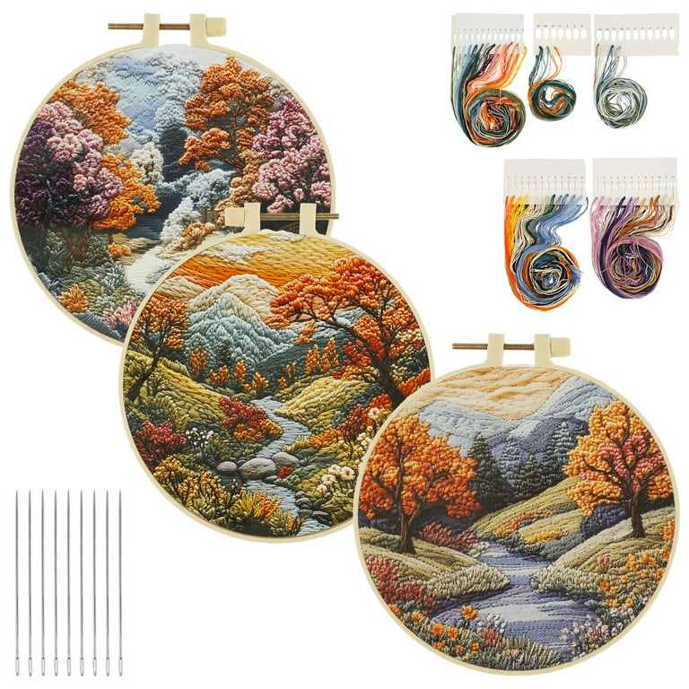 3 Sets Embroidery Starter Kit with Landscape Tree Mountain River