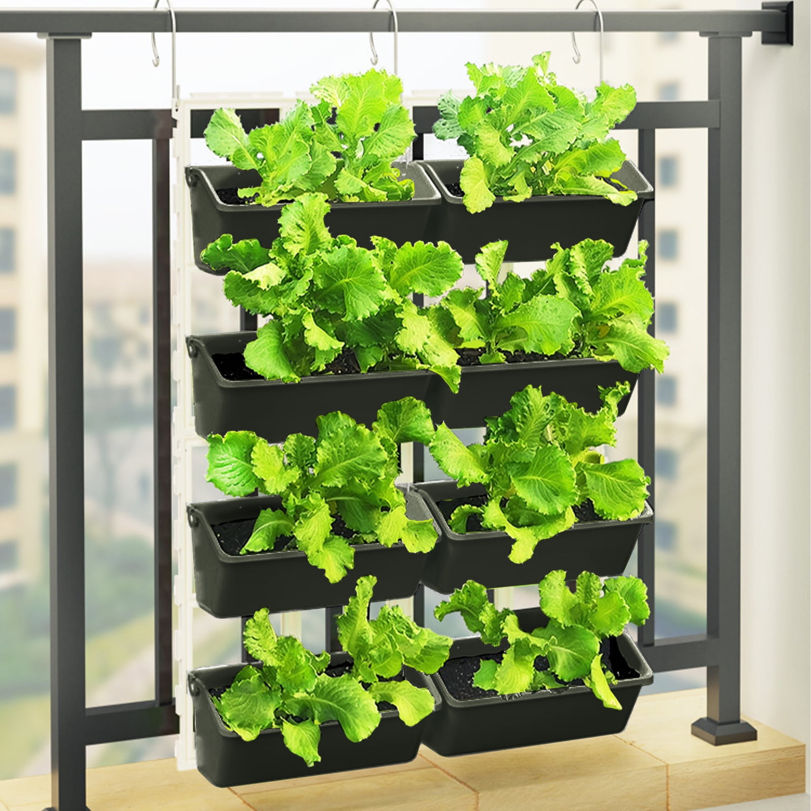 Vertical Wall Hanging Planter 8 Pockets, 4-Tier Indoor and Outdoor Plant Stand with Detachable Hooks, Hanging Plastic Pot Balcony Planter for Flowers Vegetables Herbs