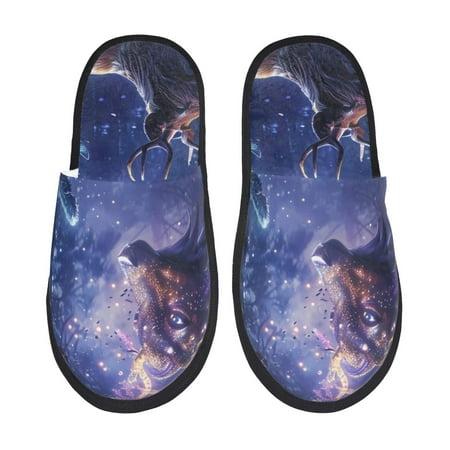 Balery Enchanted Forest Stag Gathering Slient Indoor Furry Fleece Comfort House Shoes Soft Non-Slip Home Shoes Cotton slippers House Slippers-- Large