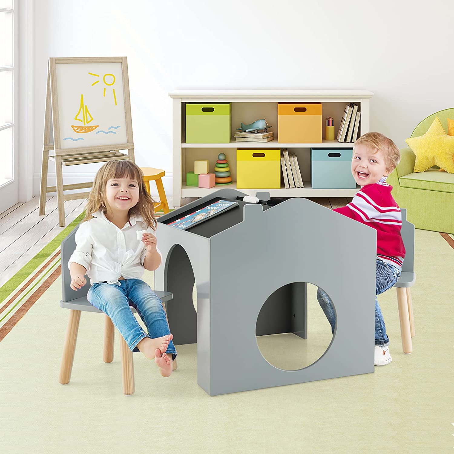 OLAKIDS Kids Table and Chair Set, Sturdy Wood Multi Activity Table with Blackboard for Playing Drawing Reading Arts Crafts, 3 Piece Children Furniture for Playroom Home School Classroom