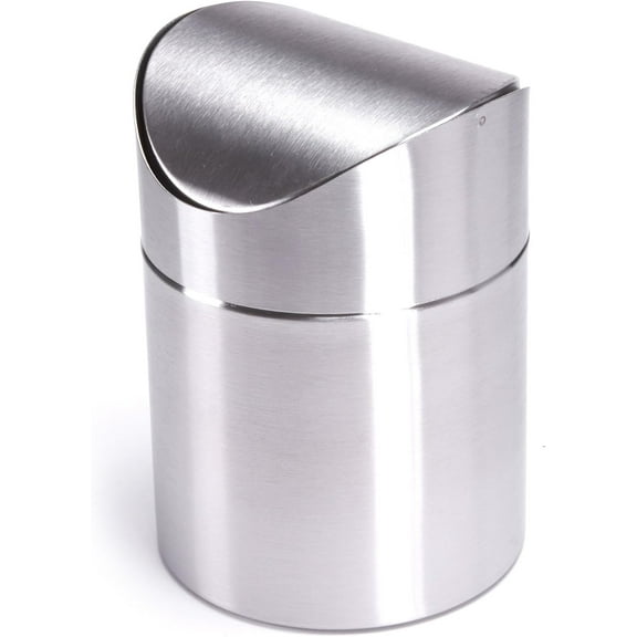 Compact Size Trash Can, Stainless Steel Construction Swinging Lid Desk Office Mini Bin, Modern Simple Design for Tabletop Countertop (Silver)