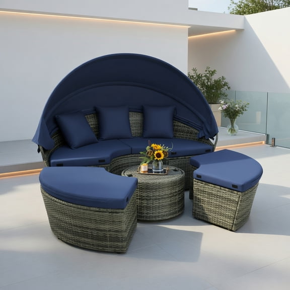 Resenkos Outdoor PE Wicker Round Daybed Set with Retractable Canopy, Navy & Gray Cushions, Heavy-Duty Metal Frame – Patio Conversation Seating for Backyard or Poolside