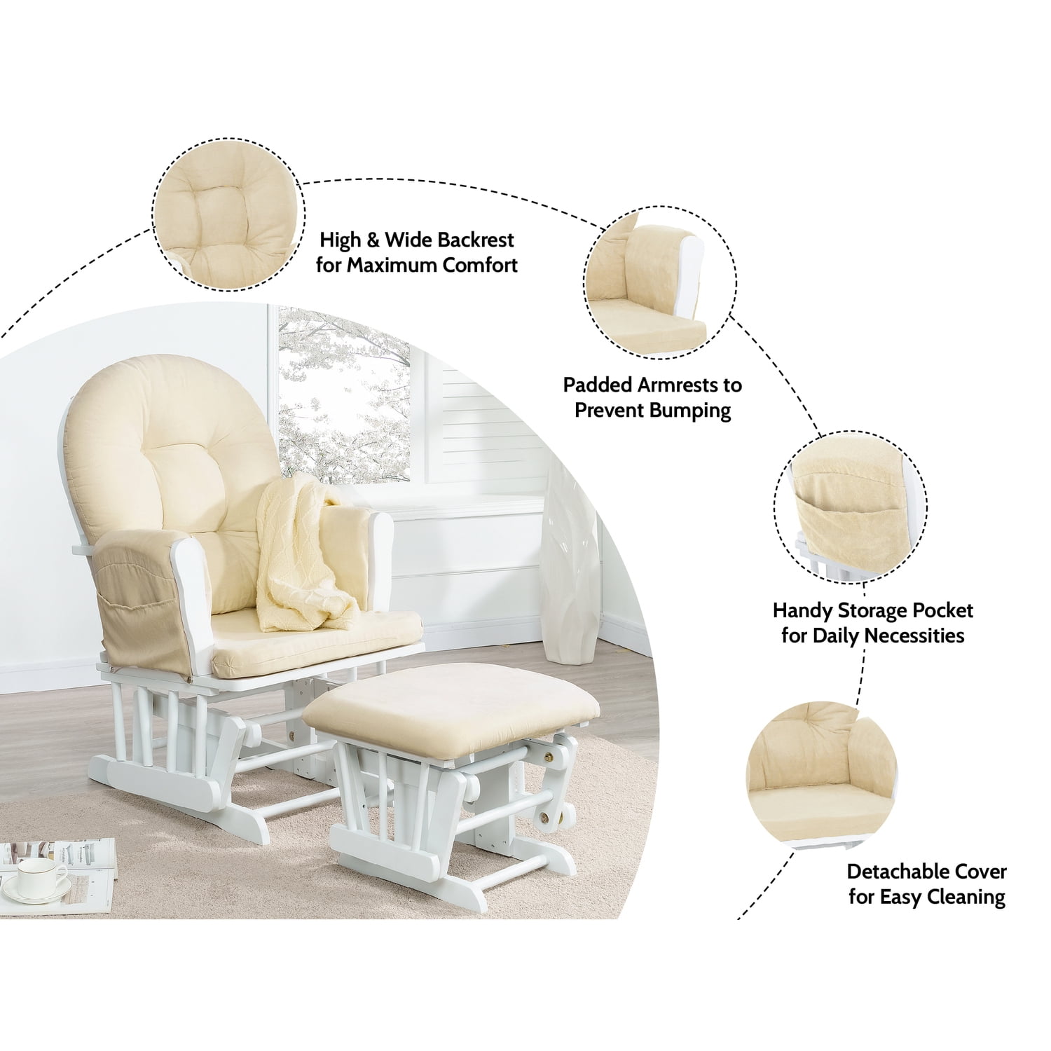 Brisbane Nursery Glider & Ottoman Set - Reclining Glider Rocker Chair for Breastfeeding, Maternity, & Comfort, White,Gray-Cushion Color:Cream,Finish:White