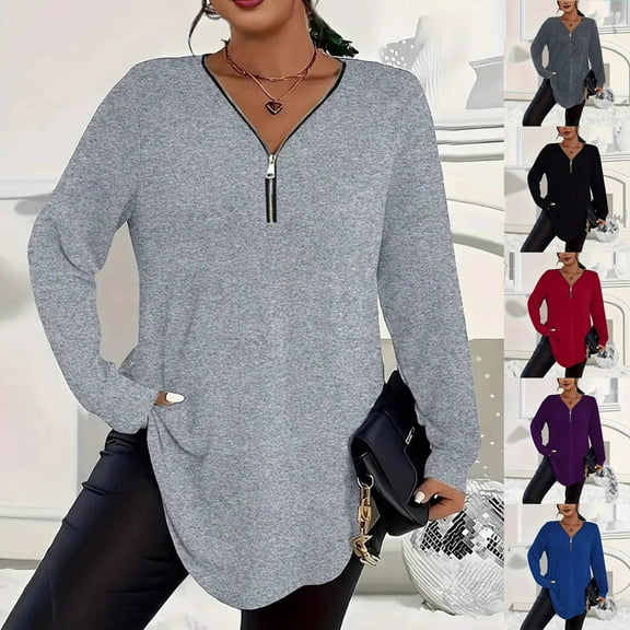 FRSASU Women's Long Sleeve Shirts Tunic Loose Fit Tops Zipper V Neck Long Sleeve Plus Size Knit Blouse Red