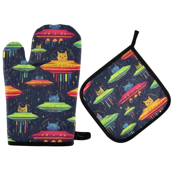 Yayeee Oven Mitts and Pot Holder Set of 2 Heat Resistant Kitchen Gloves Baking Hot Pad, Colorful Space Cat