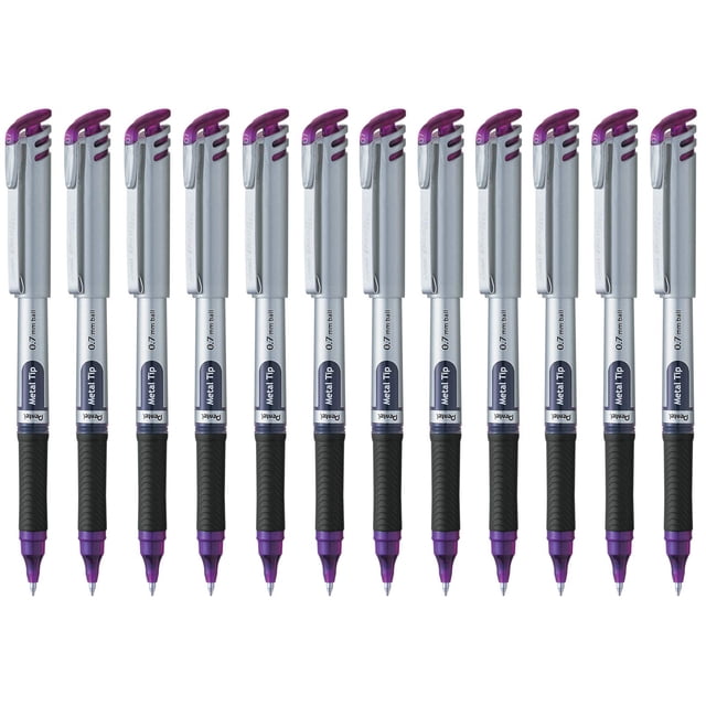 Pentel EnerGel Bolígrafo de Gel Líquido, Punto Fino, 0.7 mm, Cuerpo Plateado, Tinta Violeta, Caja con 12 Piezas, BL17-V