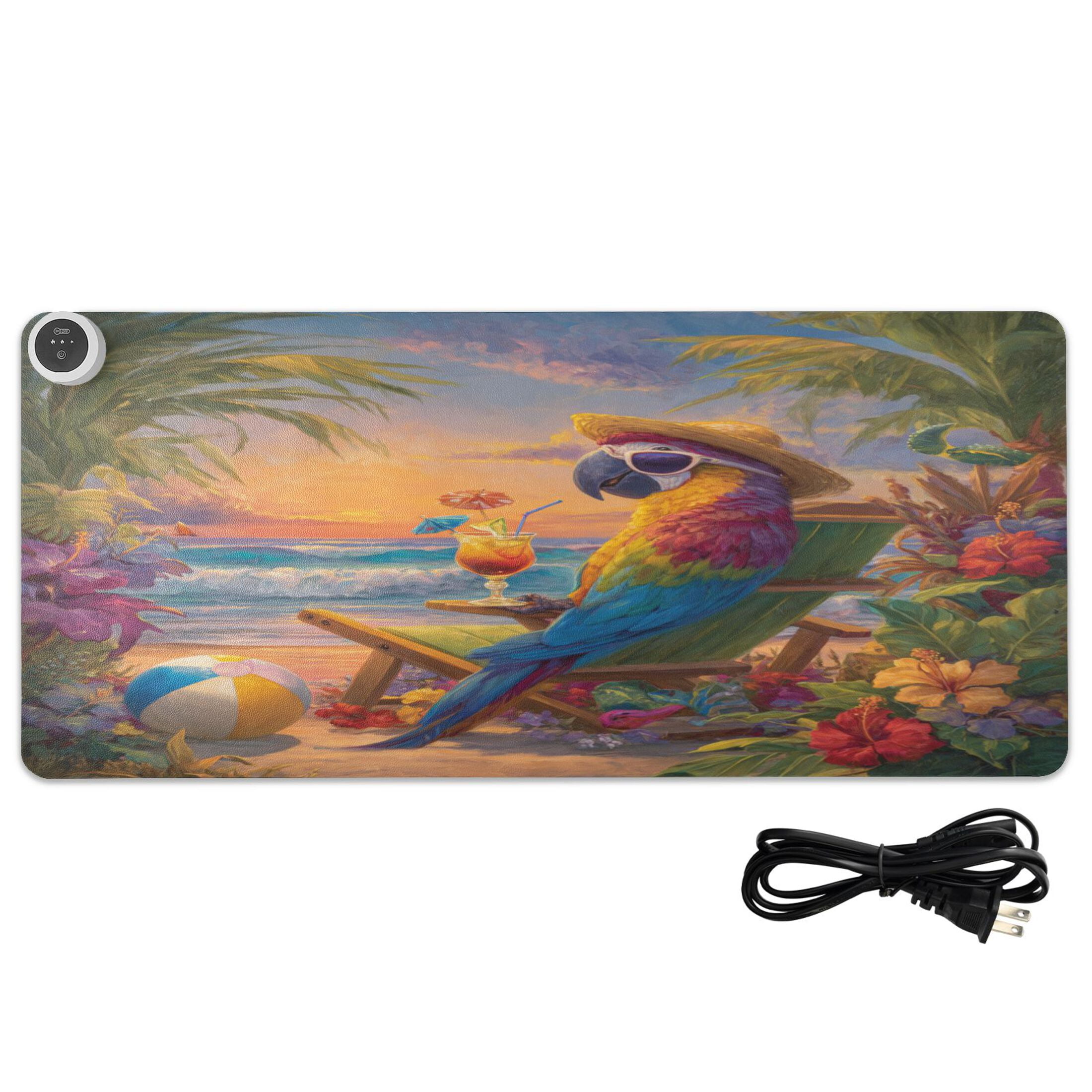 Wobogo Beach Parrot Heated Mouse Pad Extra-Large Desk Mat With 3 Heating Levels and 3-hour Auto Shut-Off Protection Ideal for Computer Keyboards Home Office Hand-warming Essential 31.5in × 13in