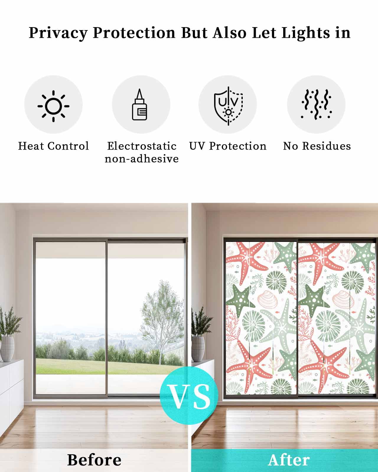 Window Privacy Film,Green Orange Coral Sun Blocking Window Tint Film Heat Control One Way Blackout Window Film,Spring Summer Coastal Starfish Beach Nautical Conch Non Adhesive Static Cling 29.5x78.7