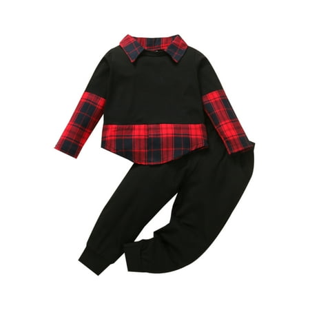 

Bebiullo Kids Boys Plaid Long Sleeve Pullover Tops Sweatsuit Pants Children 2Pcs Outfit Set 2-3 Years
