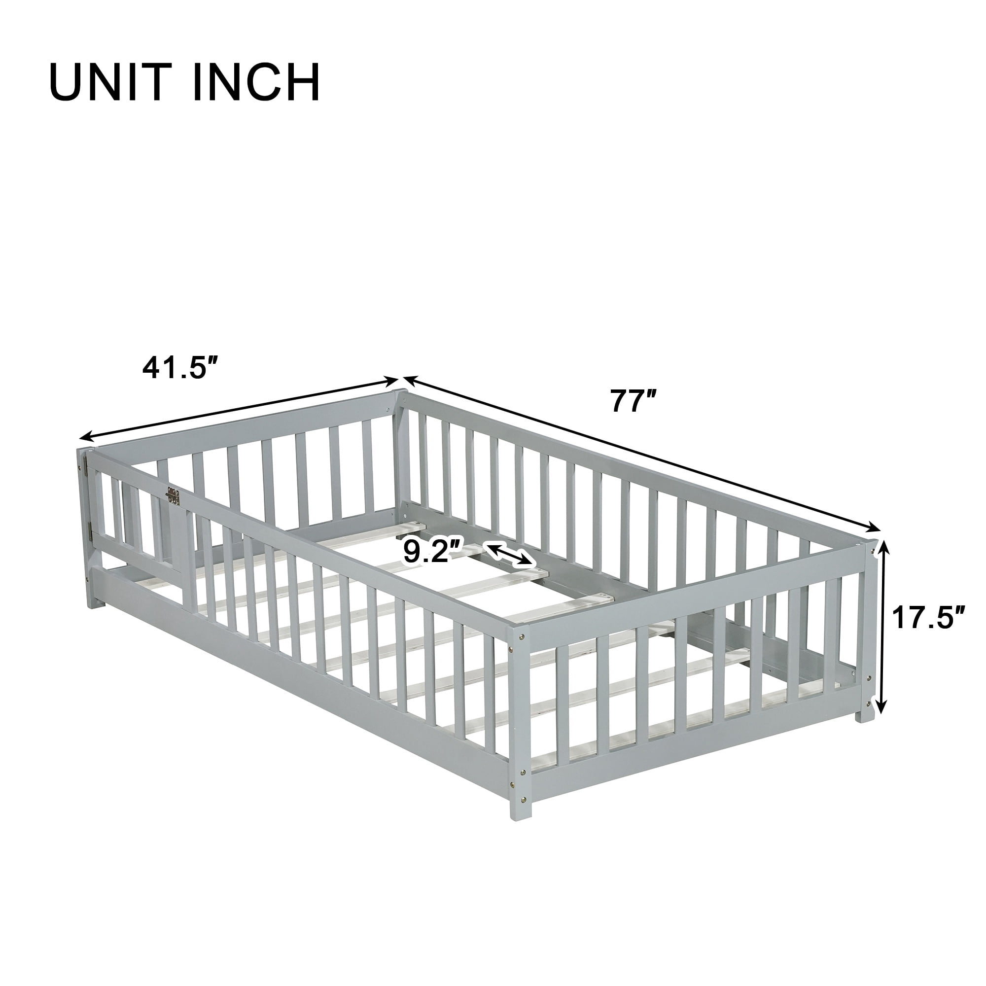 Sesslife Twin Size Floor Bed with Door and Fence, Wood Floor Platform Bed with Slats, Montessori Bed for Boys Girls, No Box Spring Needed, Grey