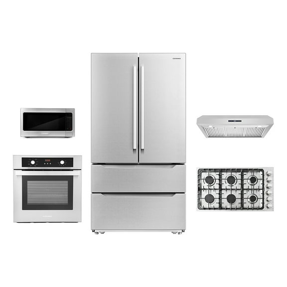 Cosmo 5 Piece Kitchen Package With 30" Gas Cooktop 24" Single Electric Wall Oven 24.4" Countertop Microwave French Door Refrigerator & 24" Built-in Fully Integrated Dishwasher