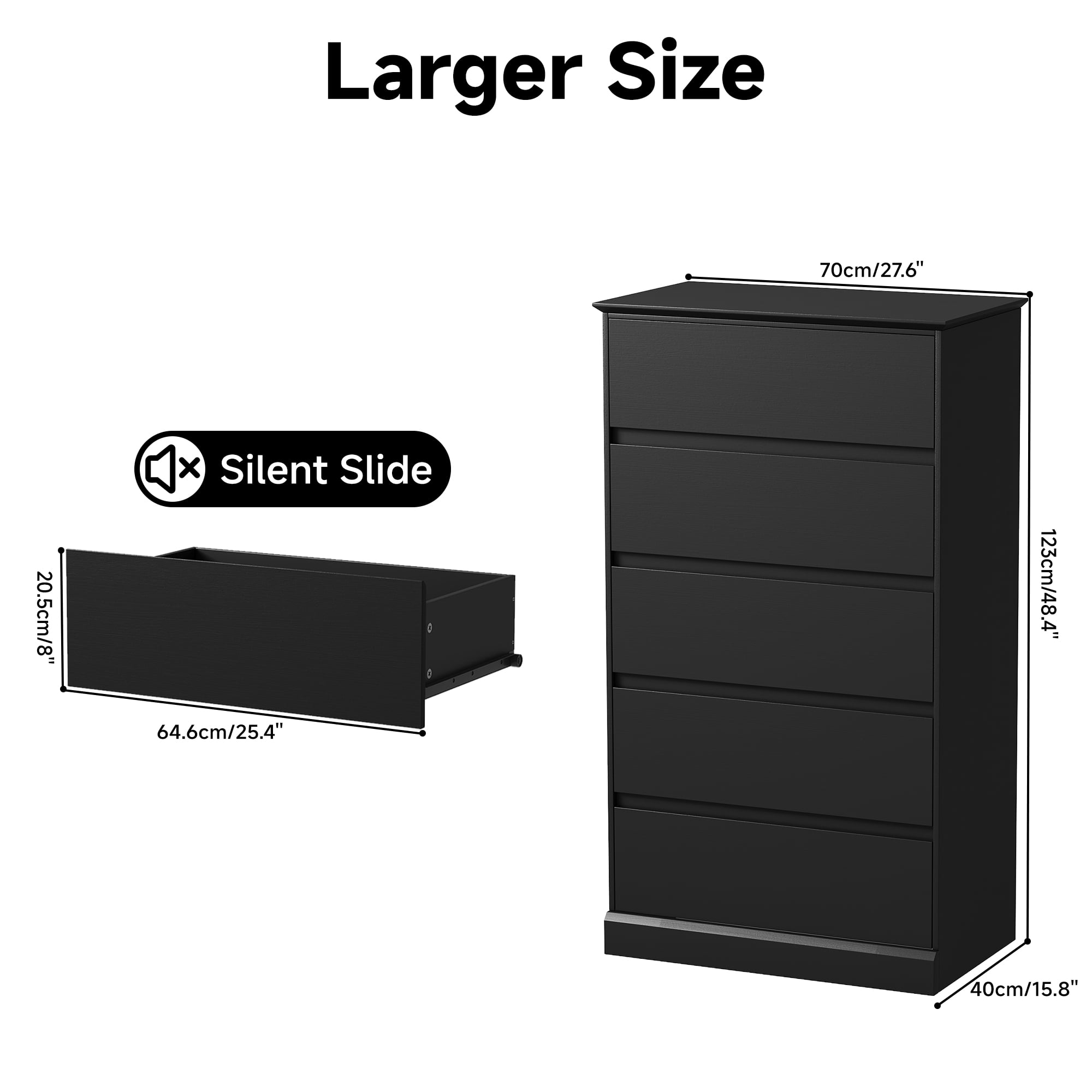 5 Drawer Dresser for Bedroom, 15.8" D x 27.6" W x 48.4" H in Simply Modern Chest of Drawers, Wood Storage Dresser with Deep Drawers for Living Room Hallway Entryway, Black