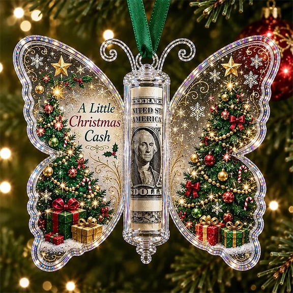 Christmas Cash Gift Butterfly Ornament,Acrylic Holiday Money Holder, Christmas Tree Cash Holder Car Ornament with Built‑in Clear Compartment,Christmas Home Decor for Christmas Tree, Window, Car