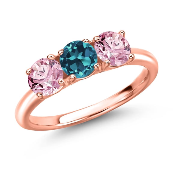 Gem Stone King 18K Rose Gold Plated Silver London Blue Topaz and Pink Lab Grown Diamond Engagement Ring for Women | 1.70 Cttw | Round 5MM | Gemstone November Birthstone | Size 8