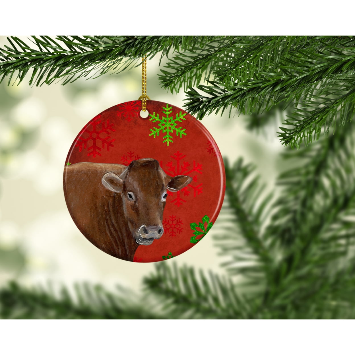 Cow Red Snowflakes Holiday Christmas Ceramic Ornament SB3126CO1