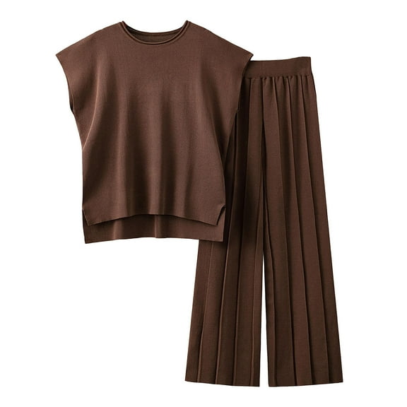 Lovskoo 2024 2 Piece Outfits for Women Lounge Sets Round Neck Sleeveless Knit Sets Pullover Tops Wide Leg Pants Fall Cloth Coffee