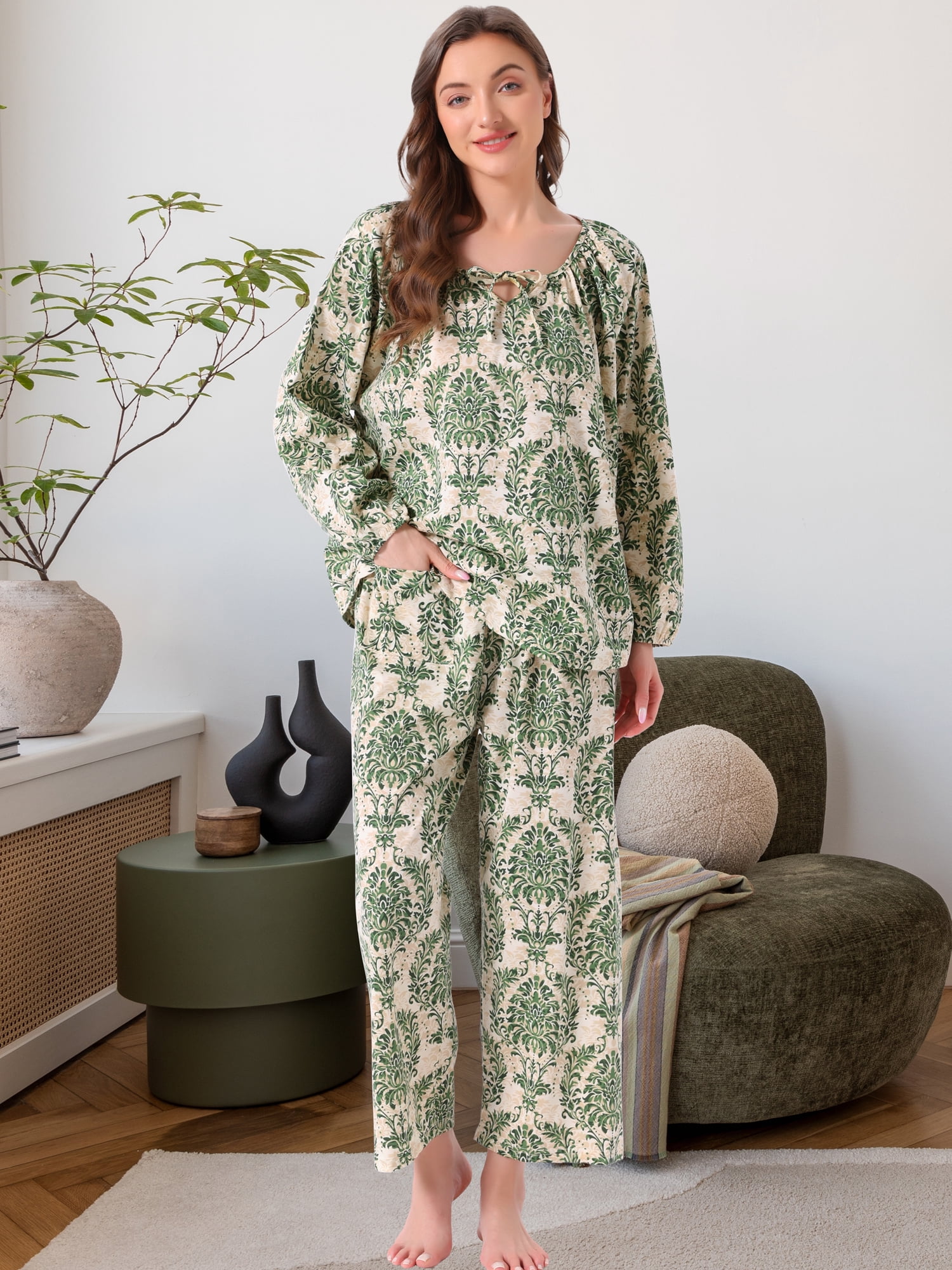 DARING DIVA Women's Long Sleeve Floral Pullover Tie Front Wide Leg Pajamas XL Light Green