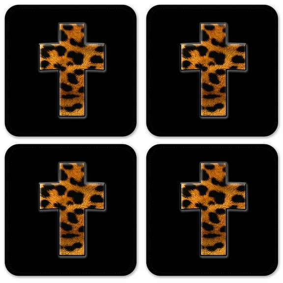 Vinyl Drink Coasters - Set of 4 - Orange Leopard Cross