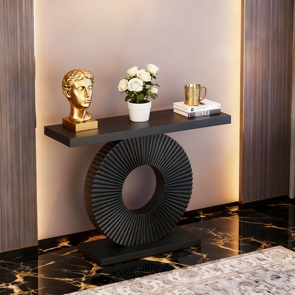 40-Inch Modern Console Table With Black Circular Flower Geometric Base, Wood Narrow Sofa Table, 180LBS Capacity Contemporary Accent Entryway Table For Living Room, Hallway, Behind Couch