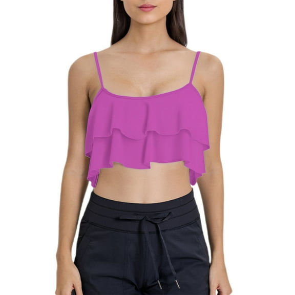 Duoif Bikini Top Ruffled Bikini Top Swim Top Falbala Swimsuit Top for Women Bathing Suit Top Swimsuit Tops for Women Hot Pink L