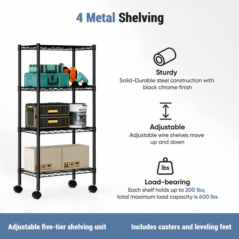 Kelno 4 Tier Wire Shelving with Lockable Wheels Adjustable Metal Storage Rack, Black