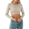 thumbnail image 2 of Spring Tops for Women Womens Long Sleeve Tops Cropped Women's Sexy and Fashionable Beaded T-shirt with Sequins Solid Color Exposed Navel Long Sleeved Top Beige M, 2 of 7
