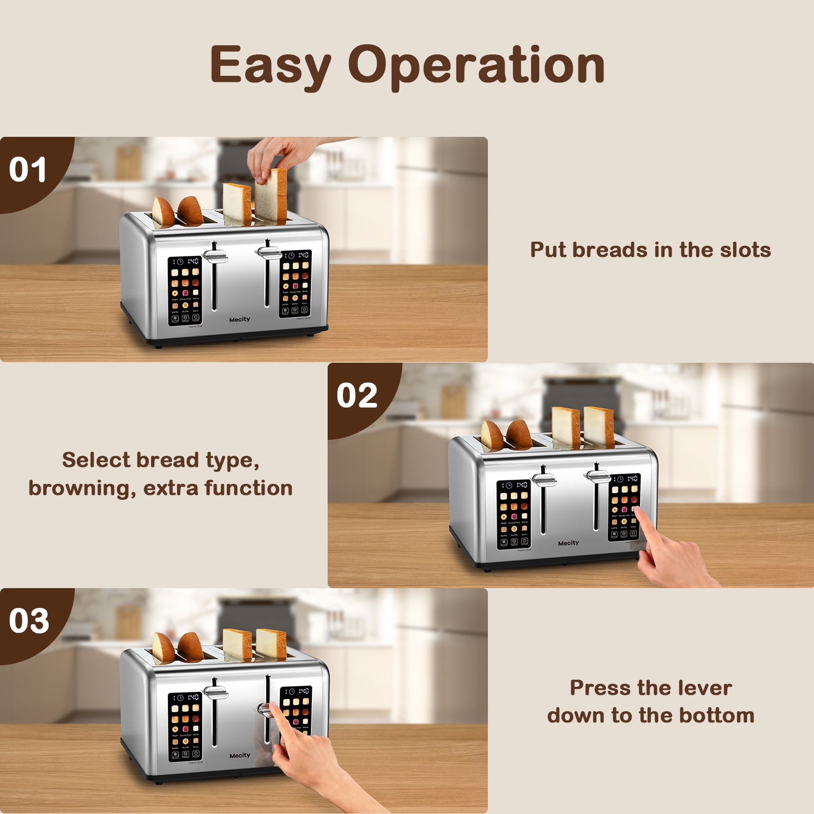 Mecity 4-Slice Touchscreen Toaster with Stainless Steel & 6 Browning Settings, Silver