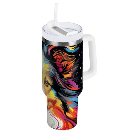 

JSTEL Border Dog 40 oz Tumbler Stainless Steel Water Bottle Vacuum Insulated Cup with Straw Lid & Handle For Travel Car Cup Holder
