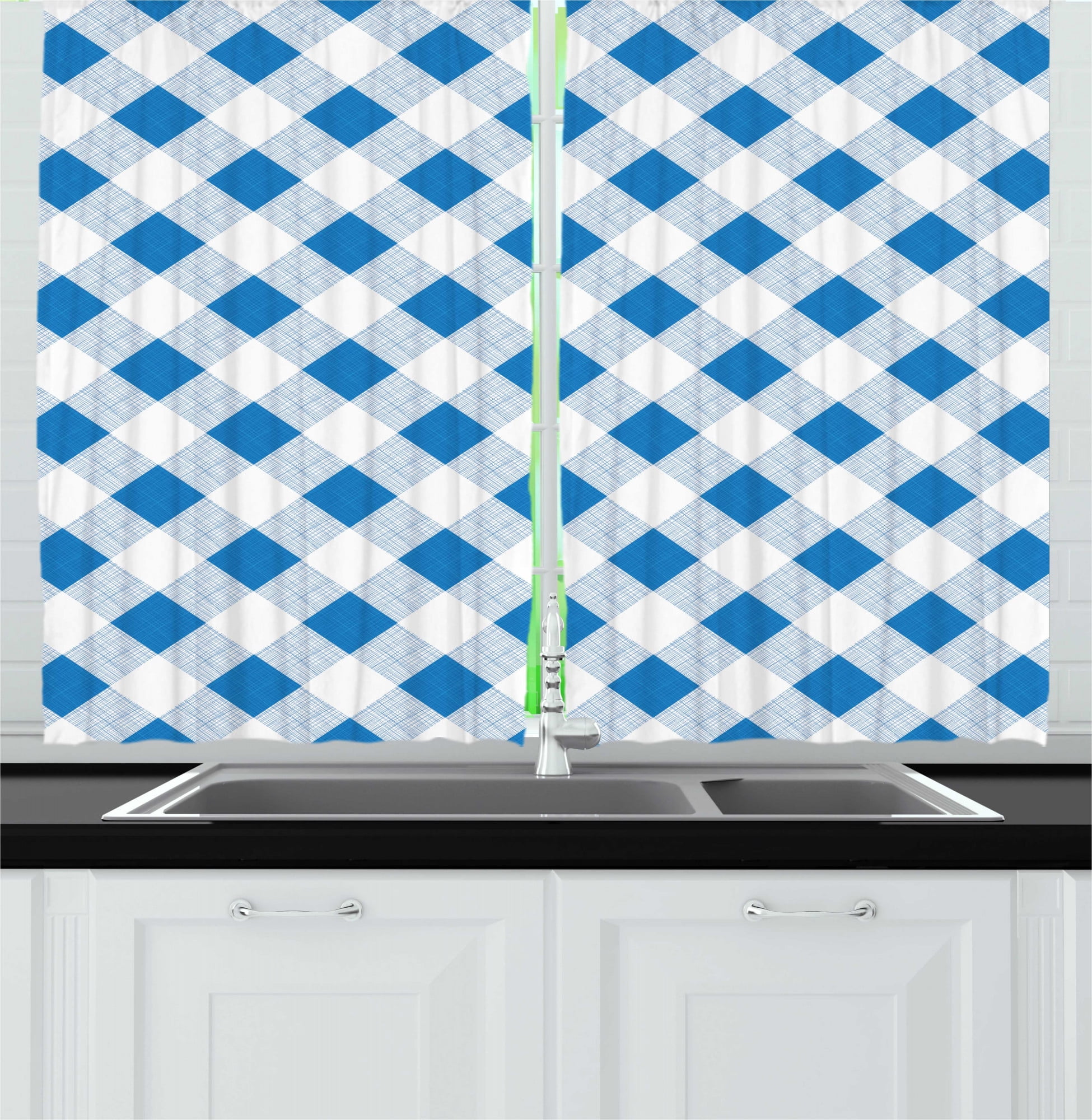 Blue And White Kitchen Curtains, Gingham Checkered Picnic Pattern 