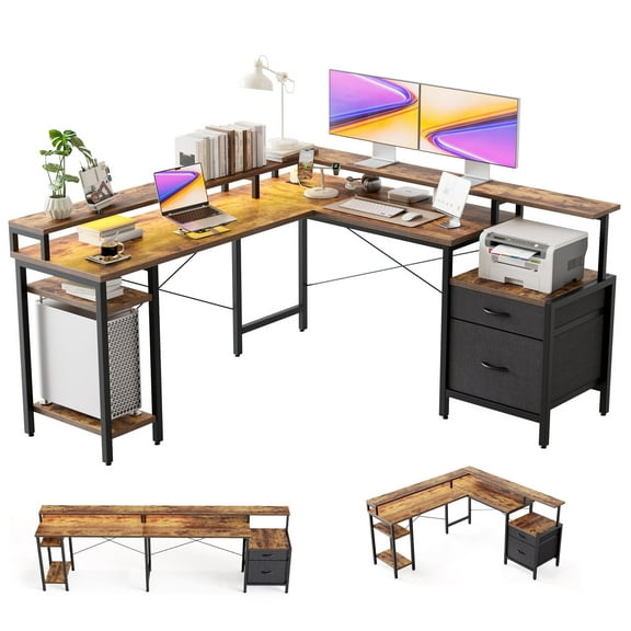 66.93 Inch L-Shaped Desk with Storage Drawers, Gaming Desk with Power Outlet & LED Light Strip, Corner Computer Desk with Shelves for Home Office Workstations, Rustic Brown