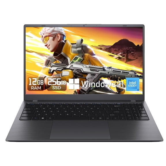 HYYUO Laptop Computer, 15.6inch FHD Display 12GB RAM 256GB SSD, Intel 6500Y 2 Cores, Office 2024 Windows 11, Type-C PD Dual 4K Output for Work Study