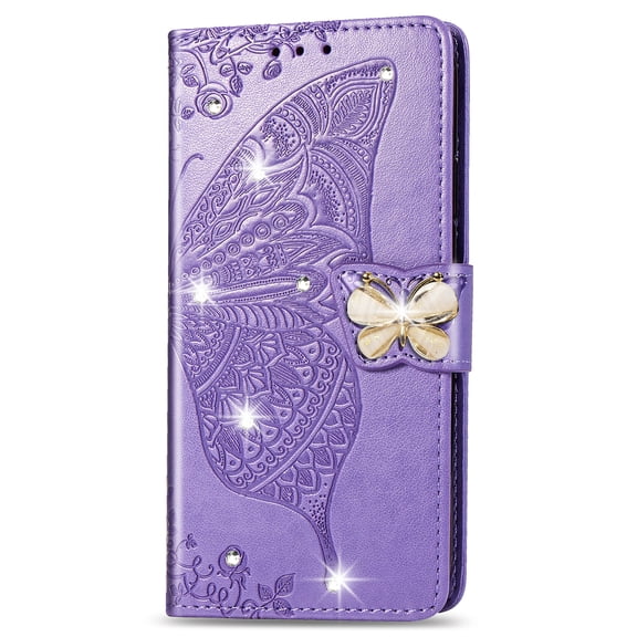 For iPhone 16 Wallet Phone Case,Flip Folding Kickstand,With Wrist Strap,Card Slots,Luxury Diamond Butterfly&Flower Embossing PU Leather Shockproof Anti-fall Phone Case,Lightpurple