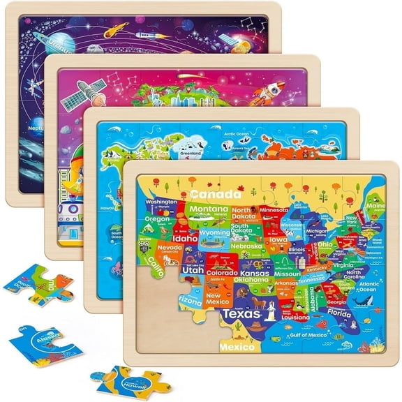 SYNARRY 4-in-1 Wooden Puzzle Set for Kids Age 3-8, Large USA Map, World Map, Earth & Solar System, 24pcs Each, FSC Certified Jigsaw Puzzles