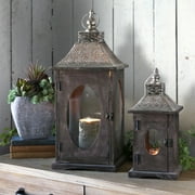 Wood Square Lantern with Silver Pierced Metal Top, Ring Hanger and Glass Windows Set of Two Stained Wood Finish Brown