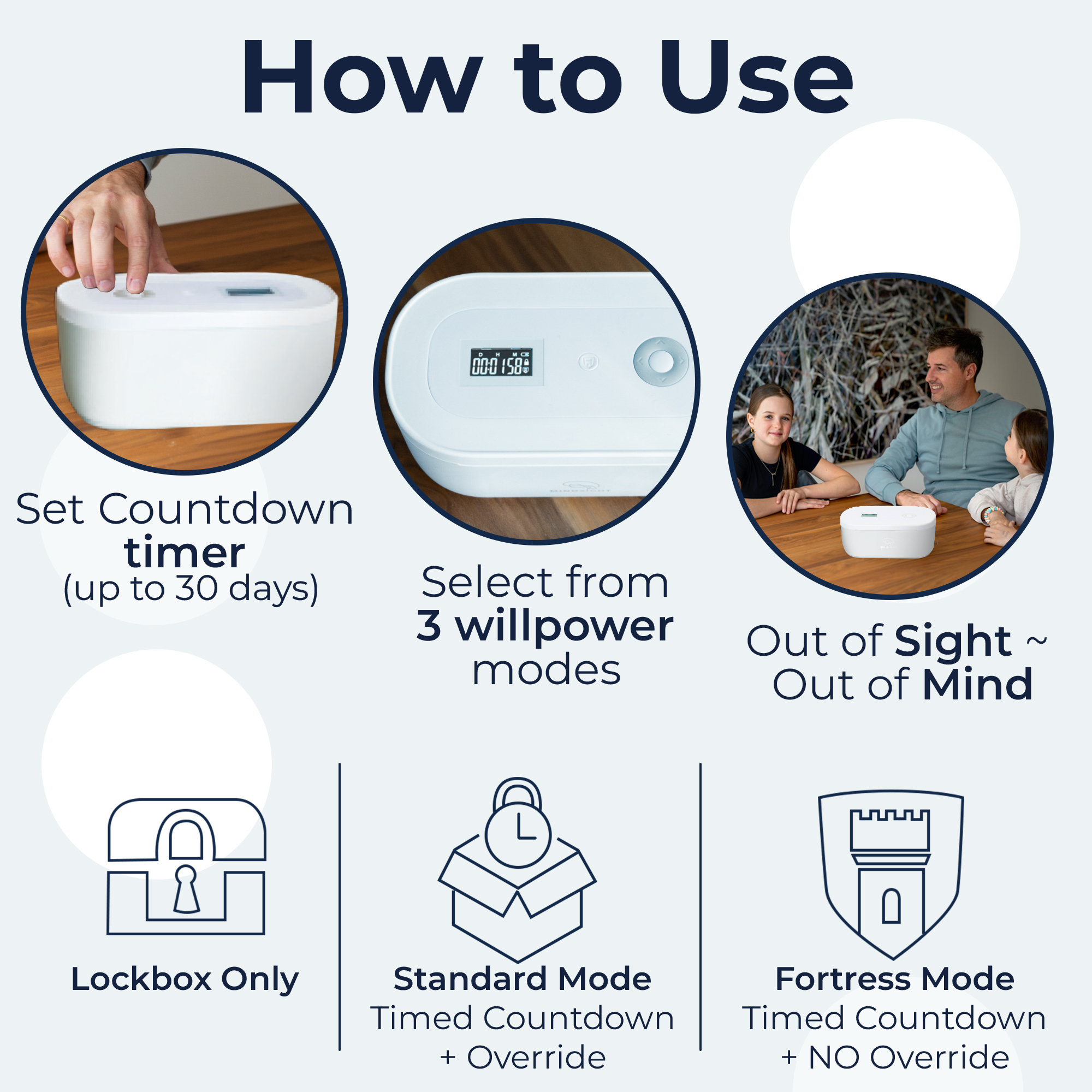Mindsight Timed Lock Box, Digital Countdown Storage Box with 3 Lock Modes for Phones, Snacks, and Gaming Controllers, Habit and Wellness Tool (White)