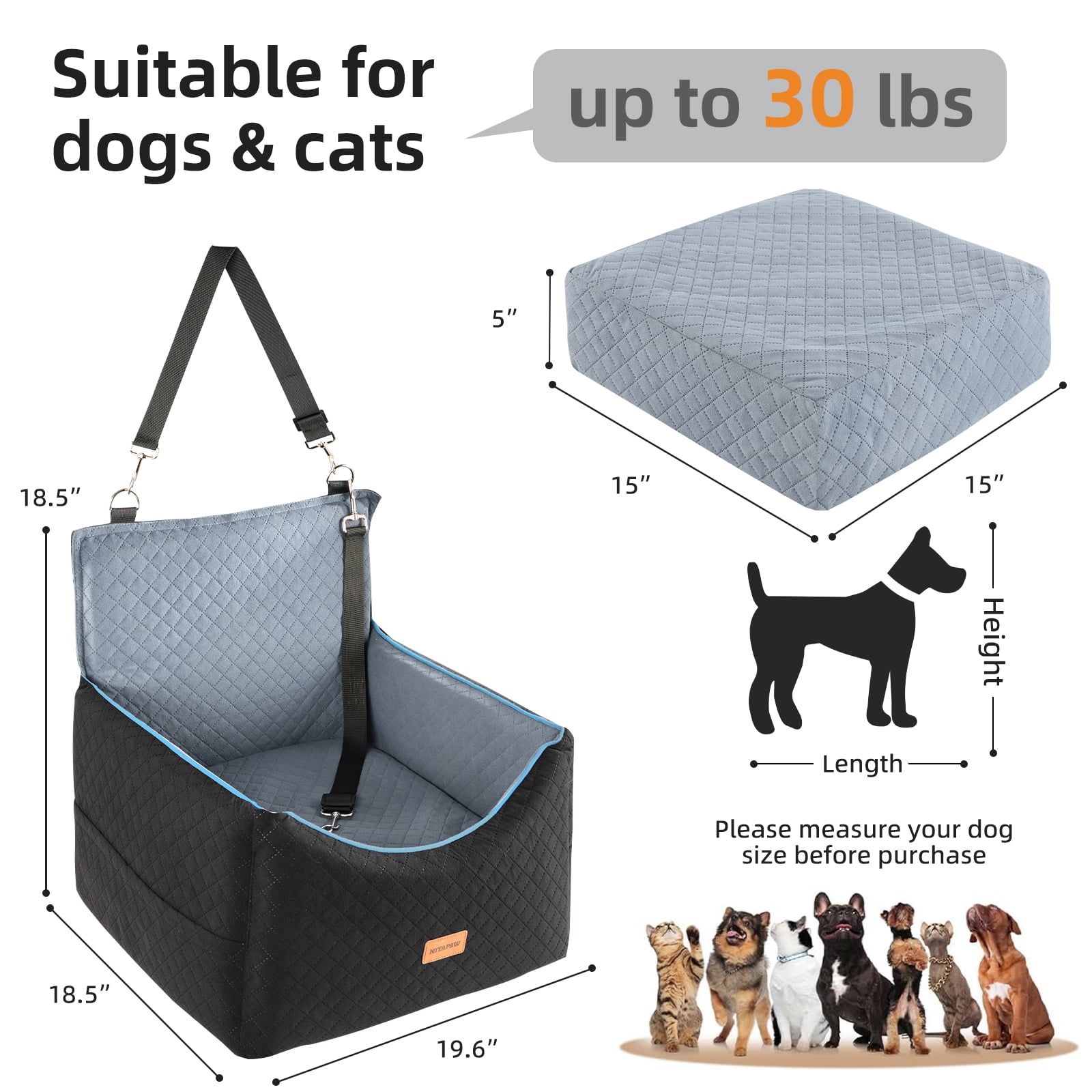 NIYAPAW Elevated Dog Car Seat for Small/Medium Dogs up to 35 lbs,Memory Foam Pet Booster Seat with dog car bed, Safety Pet Seat with Seatbelt Channel，Washable and Detachable (Black&Gray)
