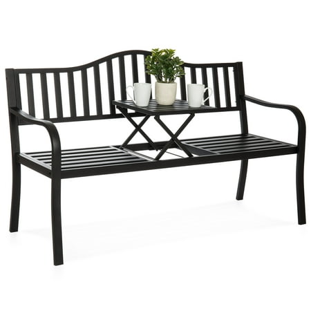 Best Choice Products Cast Iron Patio Double Bench Seat for Garden, Backyard with Pullout Middle Table, Weather-Resistant Steel Frame, (Best Window Frame Material)