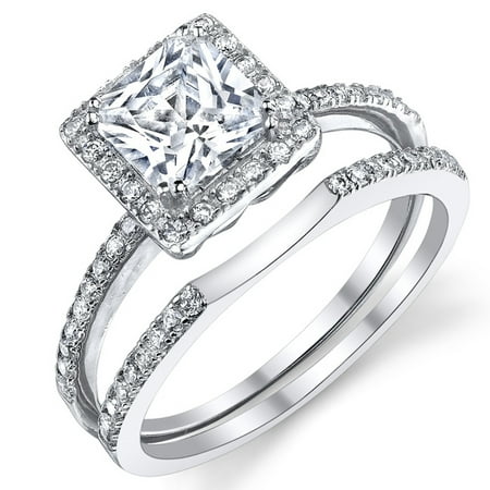Beautiful 1.25 Carat Princess Cut Micro Pave Sterling Silver Wedding Engagement Ring Band Set W/ Cubic Zirconia