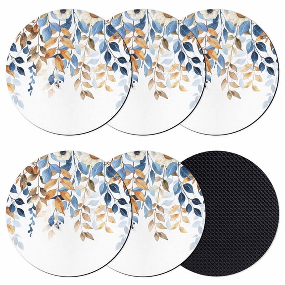Orange Blue Botanical Coasters Set of 6, Weeping Fall Eucalyptus Leaves Absorbent Coasters for Drinks, Coaster for Bar Office Dining Coffee Table Accessories Decor, Non Slip Round Desk Coaster