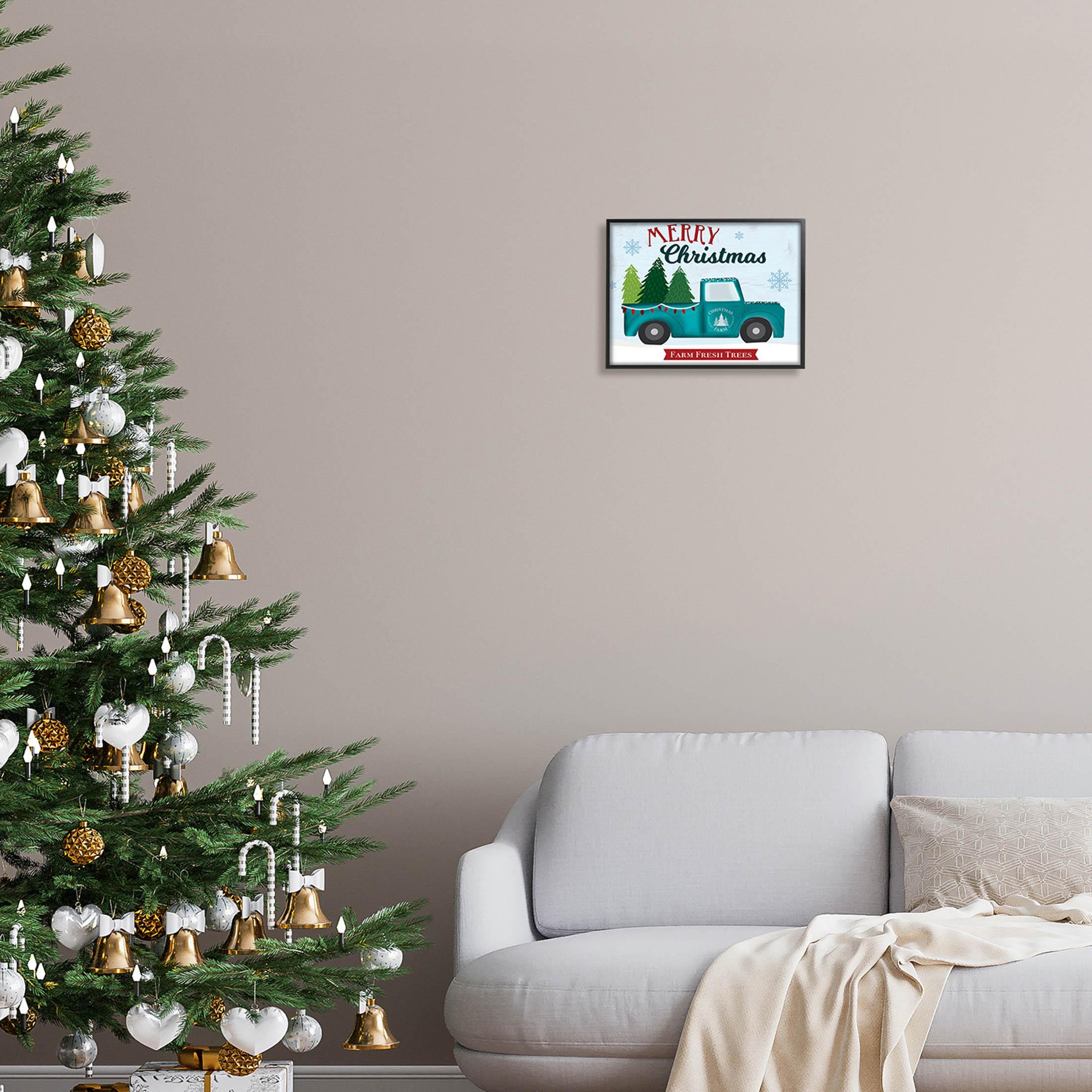 Merry Christmas Farm Fresh Trees Sign Holiday Graphic Art Black Framed Art Print Wall Art