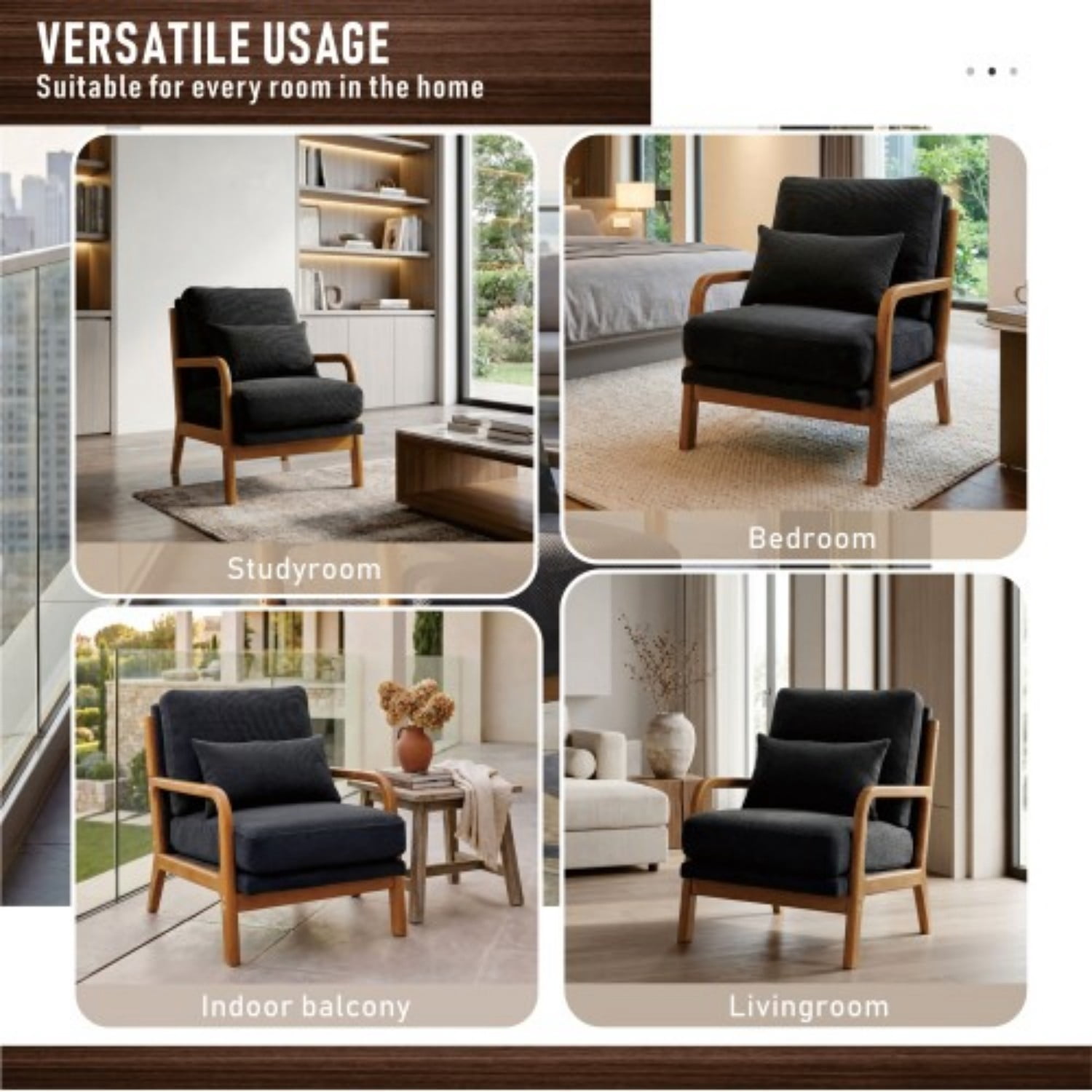 Wooden Lounge Accent Chair with Solid Wood Armrests, Upholstered Reading Chair with High-Density Foam Cushion, Modern Leisure Armchair for Living Room, Bedroom, Balcony & Office, Dark Gray